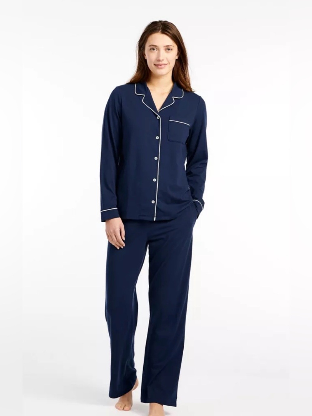 L.L. Bean Women's LARGE Button Front Pajama Set 100% Cotton Navy w/White Piping